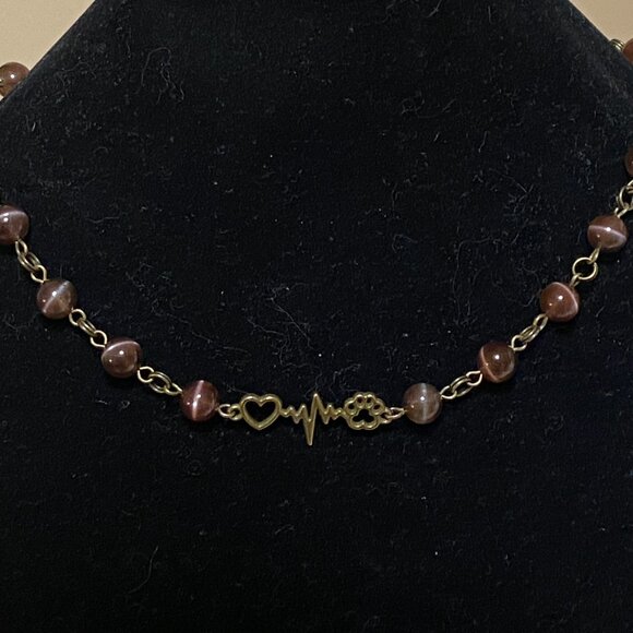 Cute Purple Cat's Eye Bronze Paw Print Heart Beat Adjustable Pendant Choker - Picture 4 of 15